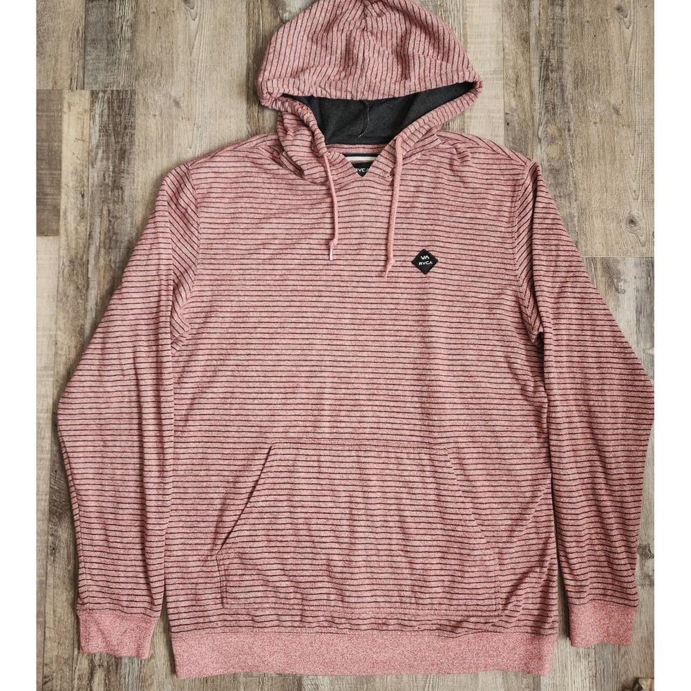 RVCA Hoodie Mens Large Pink Striped Long Sleeve Regular Fit Pullover Sweatshirt